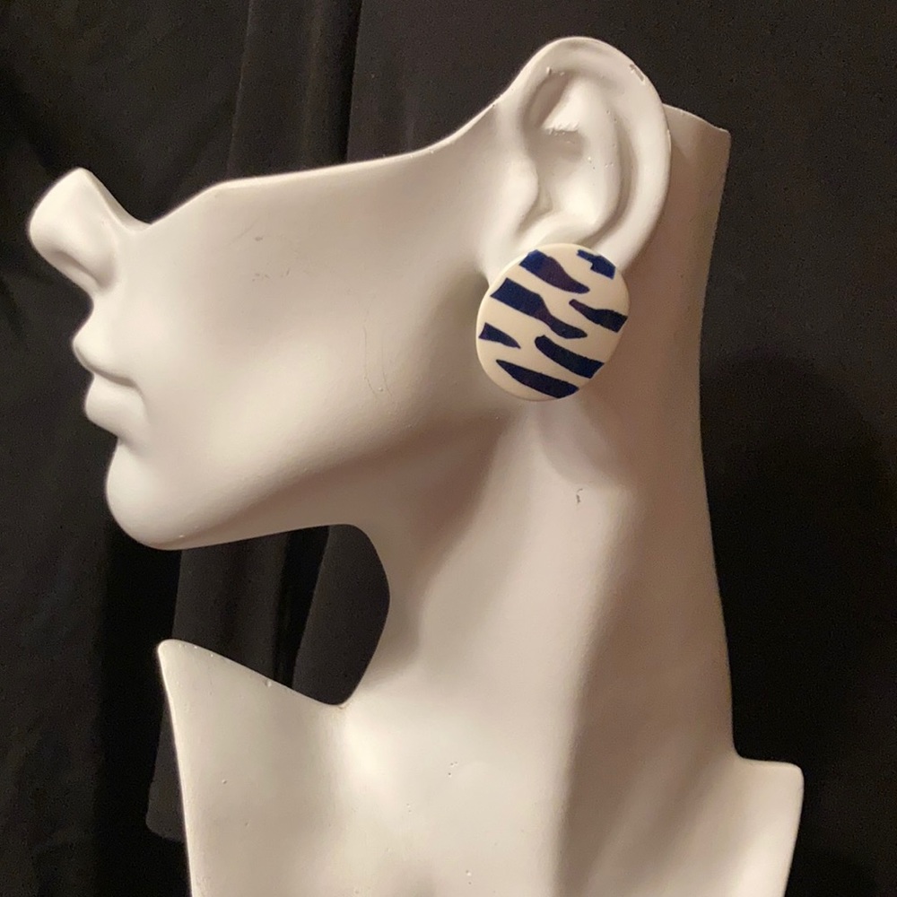 Silver Tone-Navy Blue/White Earring Set
